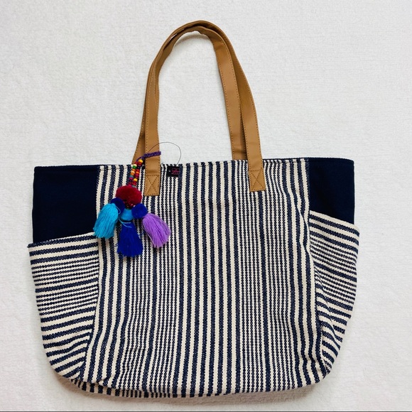 Tote Bag Beach Striped Blue White Canvas Tassels - Picture 6 of 8